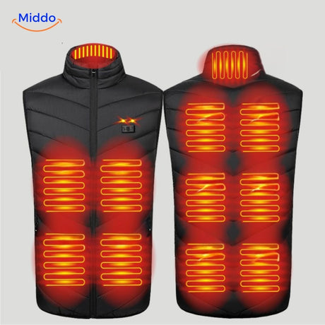 Red HeatGuard vest featuring 8 independent heating zones.