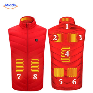 Black heated vest highlighting 9 independent heat zones for targeted heating.