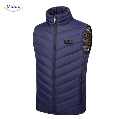 Black heated vest emphasizing back heating zone for lower back support.