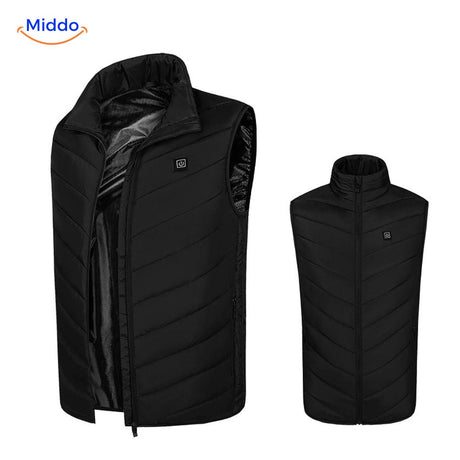 Basic black heated vest shown open to display interior heat element construction.