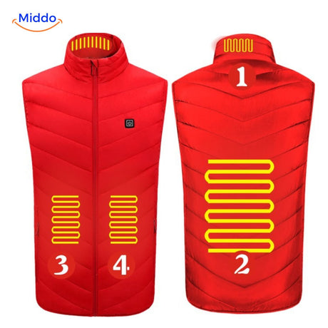 Blue heated vest with digital control panel for heat adjustment.