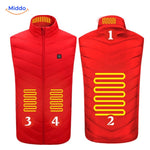 Blue heated vest with digital control panel for heat adjustment.