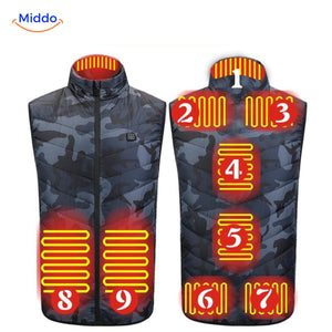 HeatGuard heated vest in camouflage pattern for outdoor adventures.