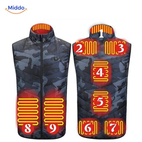 HeatGuard heated vest in camouflage pattern for outdoor adventures.