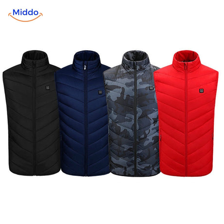 HeatGuard heated vest available in multiple colors including black, blue, red, and camouflage.