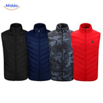 HeatGuard heated vest available in multiple colors including black, blue, red, and camouflage.