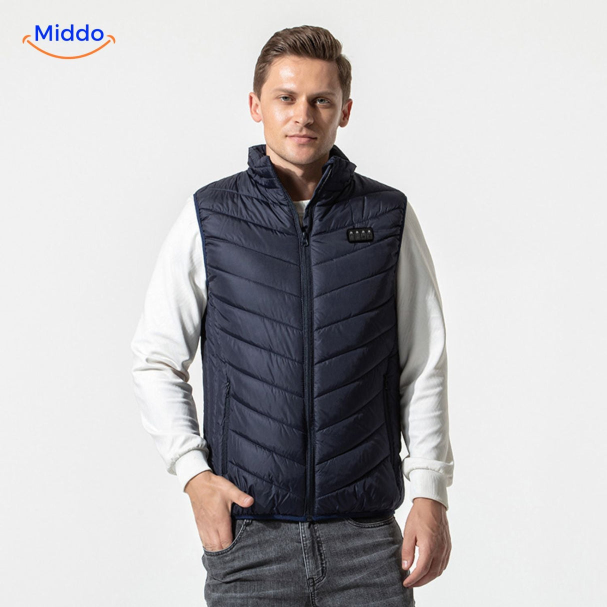 Man wearing modern black HeatGuard heated vest for everyday outdoor use.