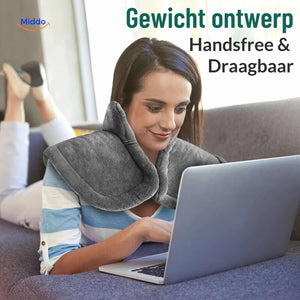 Lightweight hands-free heating pad designed to be worn comfortably around neck and shoulders.
