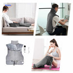 Heating pad shown in multiple positions demonstrating versatile use for neck and back.