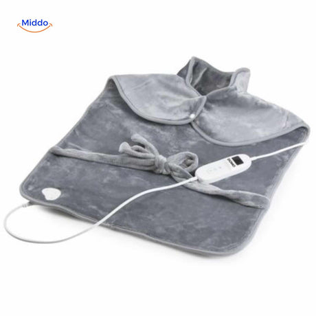 Electric heating pad with remote control for easy adjustment of heat settings while wearing.