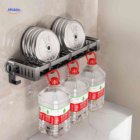 Ultra-sturdy weight-bearing stainless steel suction shelf with hooks.