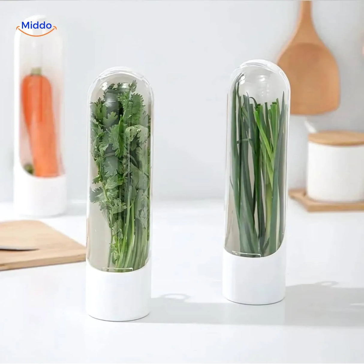 Herb container designed to keep herbs fresher longer in the refrigerator.