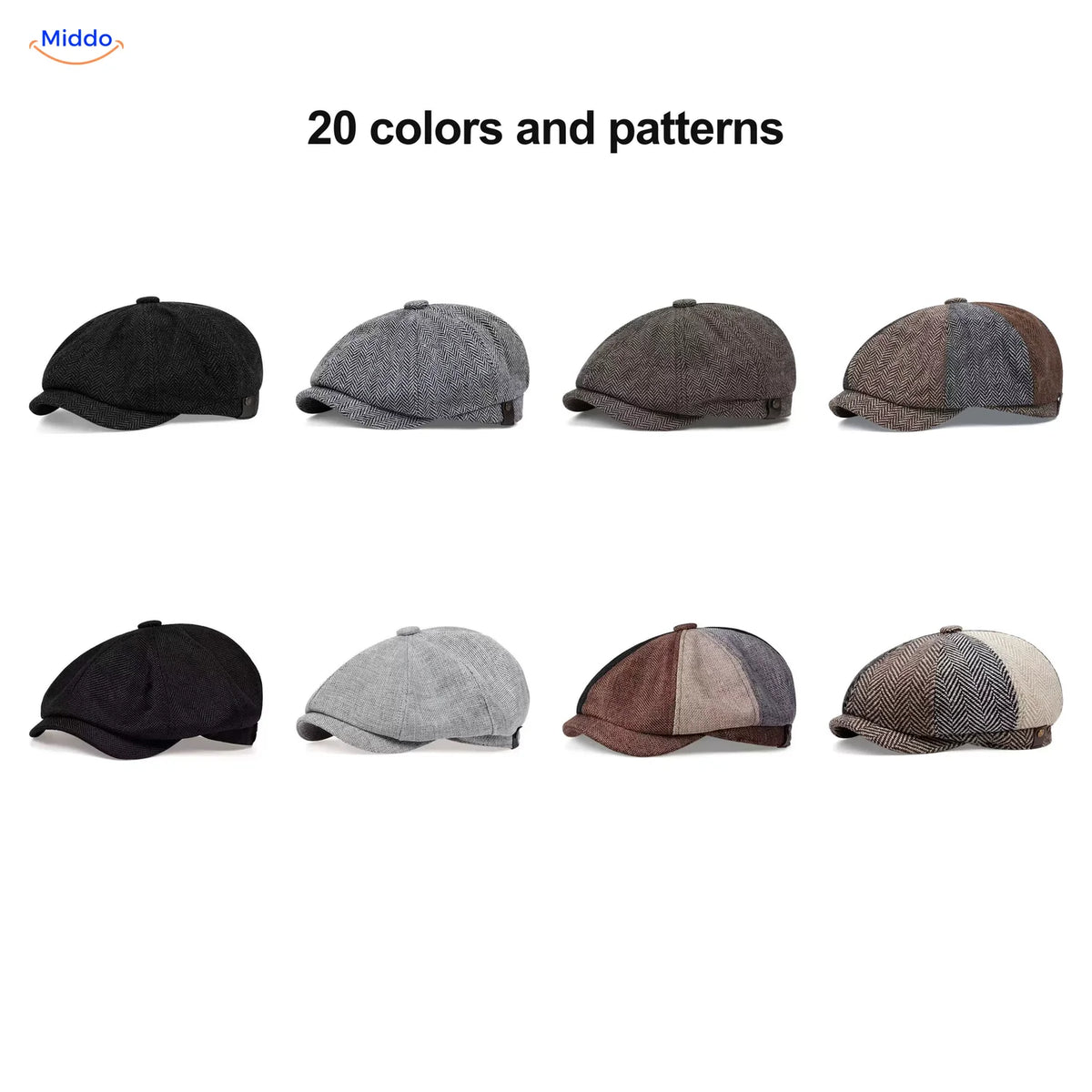Selection of Heritage Eight flat caps from twenty colors and patterns