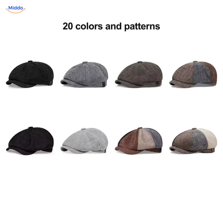 Selection of Heritage Eight flat caps from twenty colors and patterns