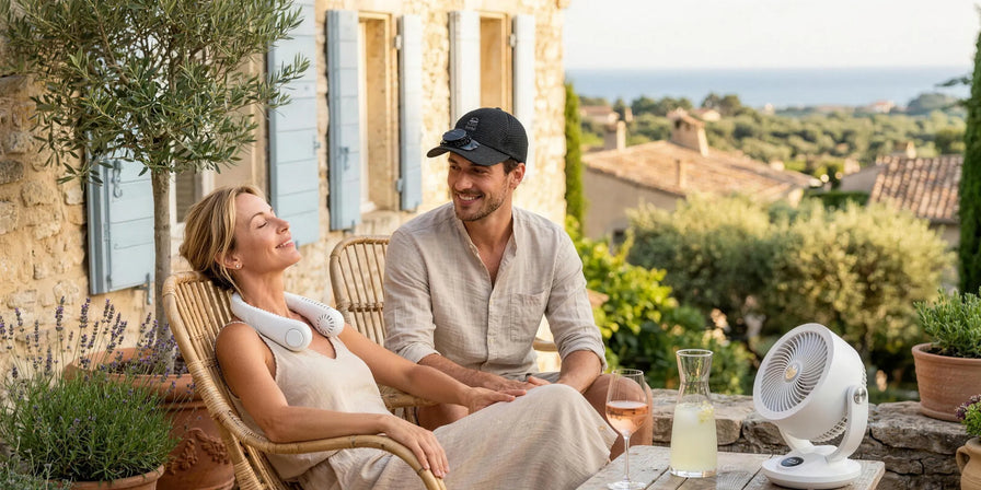 Summer terrace in Provence: couple cooling off with the NekFan neck fan, Airstream fan and Sunbreeze solar fan hat