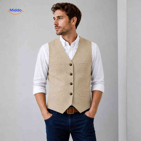 Beige herringbone wool vest in timeless heritage style.
