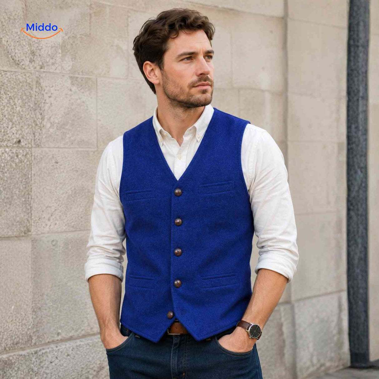 Blue herringbone wool vest in timeless classic style.