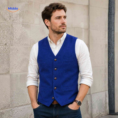 Blue herringbone wool vest in timeless classic style.