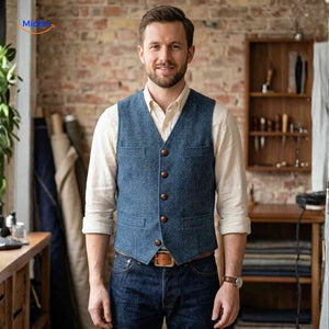 Blue tweed herringbone wool vest for men.