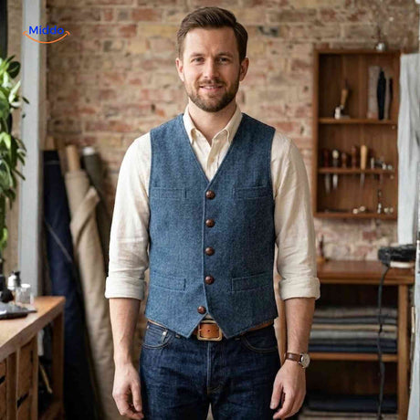 Blue tweed herringbone wool vest for men.