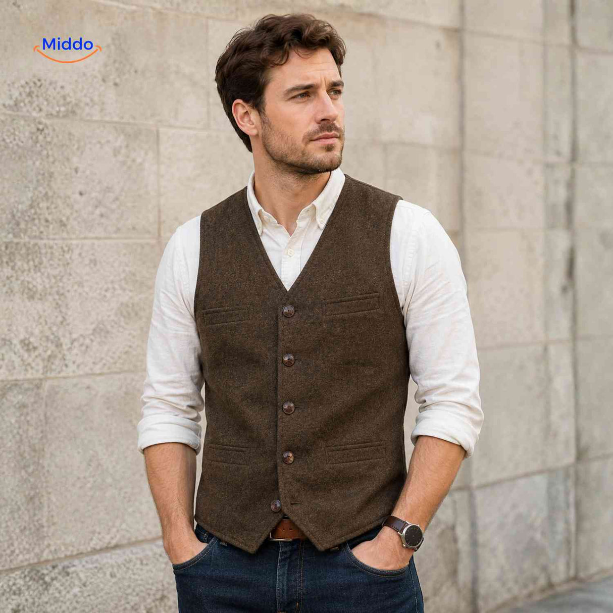 Brown herringbone wool vest with vintage heritage aesthetic.