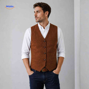 Cognac herringbone wool vest with classic heritage appeal.