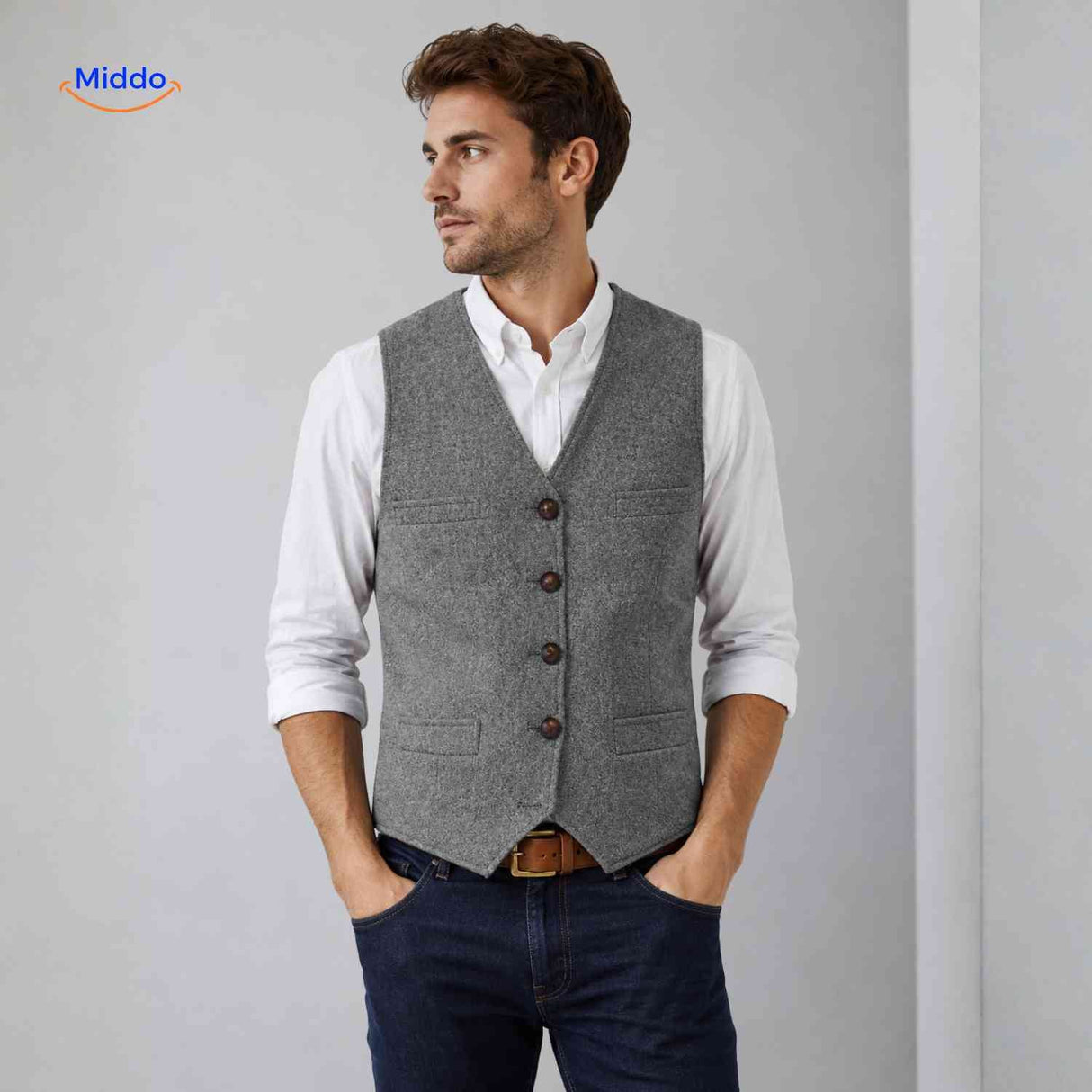 Light gray herringbone wool gilet vest for casual styling.