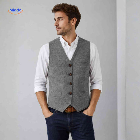 Light gray herringbone wool gilet vest for casual styling.