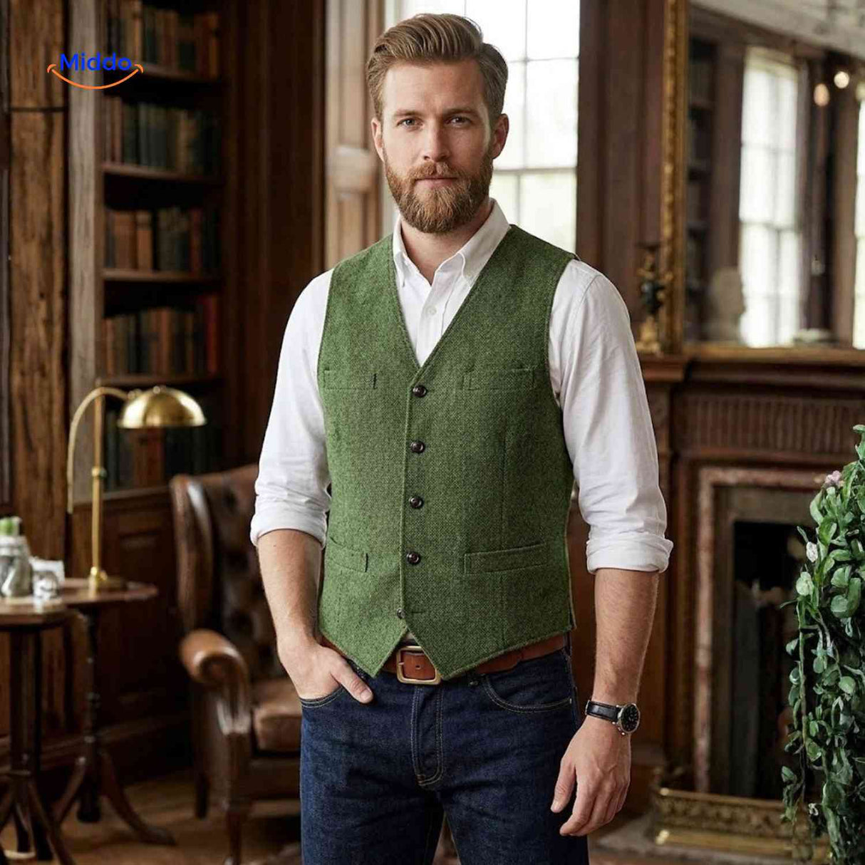 Green herringbone wool vest styled in classic design.
