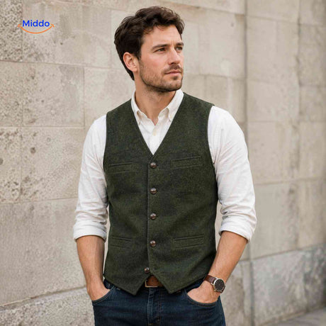 Green herringbone wool vest styled for elegant wear.