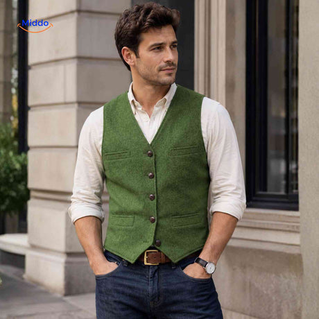 Green herringbone wool vest in smart casual style.