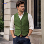 Green herringbone wool vest in smart casual style.