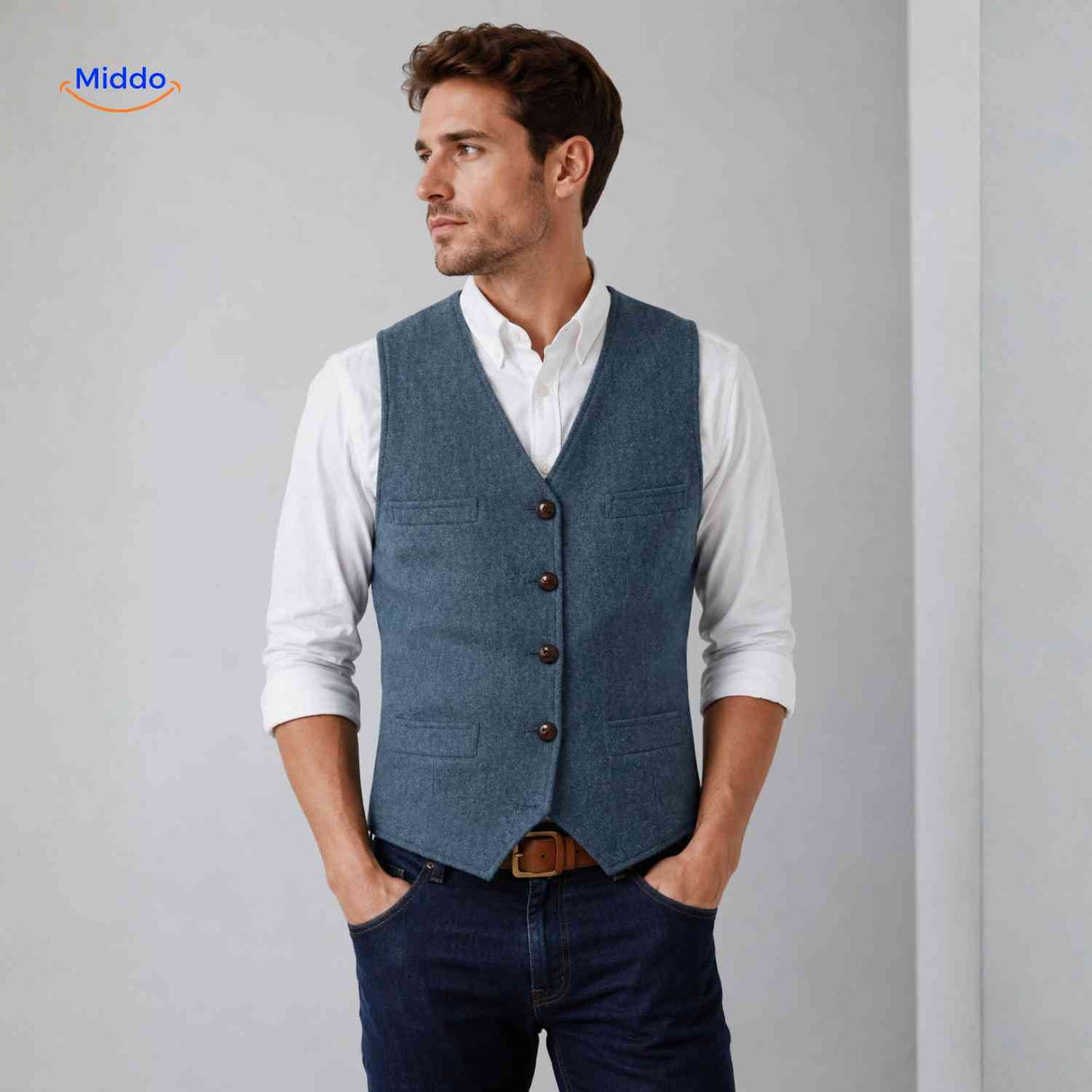 Light blue herringbone wool vest in modern style.