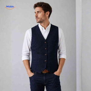 Dark blue navy herringbone wool vest with elegant styling.