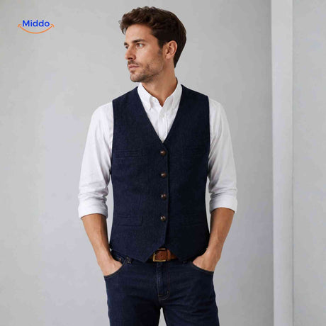 Dark blue navy herringbone wool vest with elegant styling.