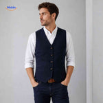 Dark blue navy herringbone wool vest with elegant styling.
