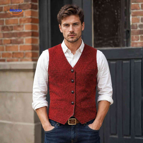 Red herringbone wool vest with vintage heritage styling.