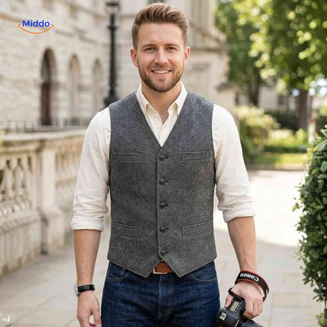 Herringbone wool gilet vest styled for smart casual wear.