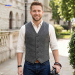 Herringbone wool gilet vest styled for smart casual wear.