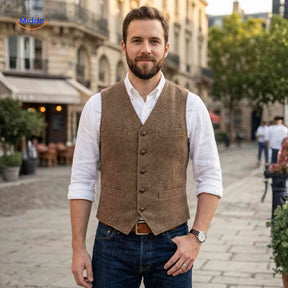 Herringbone wool vest in tweed with classic casual styling for men.