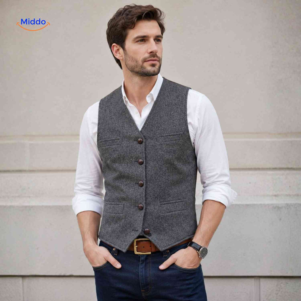 Tweed herringbone wool vest in modern contemporary style.