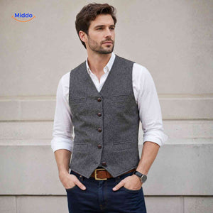 Tweed herringbone wool vest in modern contemporary style.