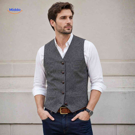 Tweed herringbone wool vest in modern contemporary style.