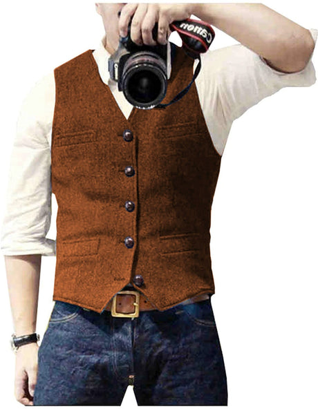 HerringLux vest men cognac herringbone wool blend