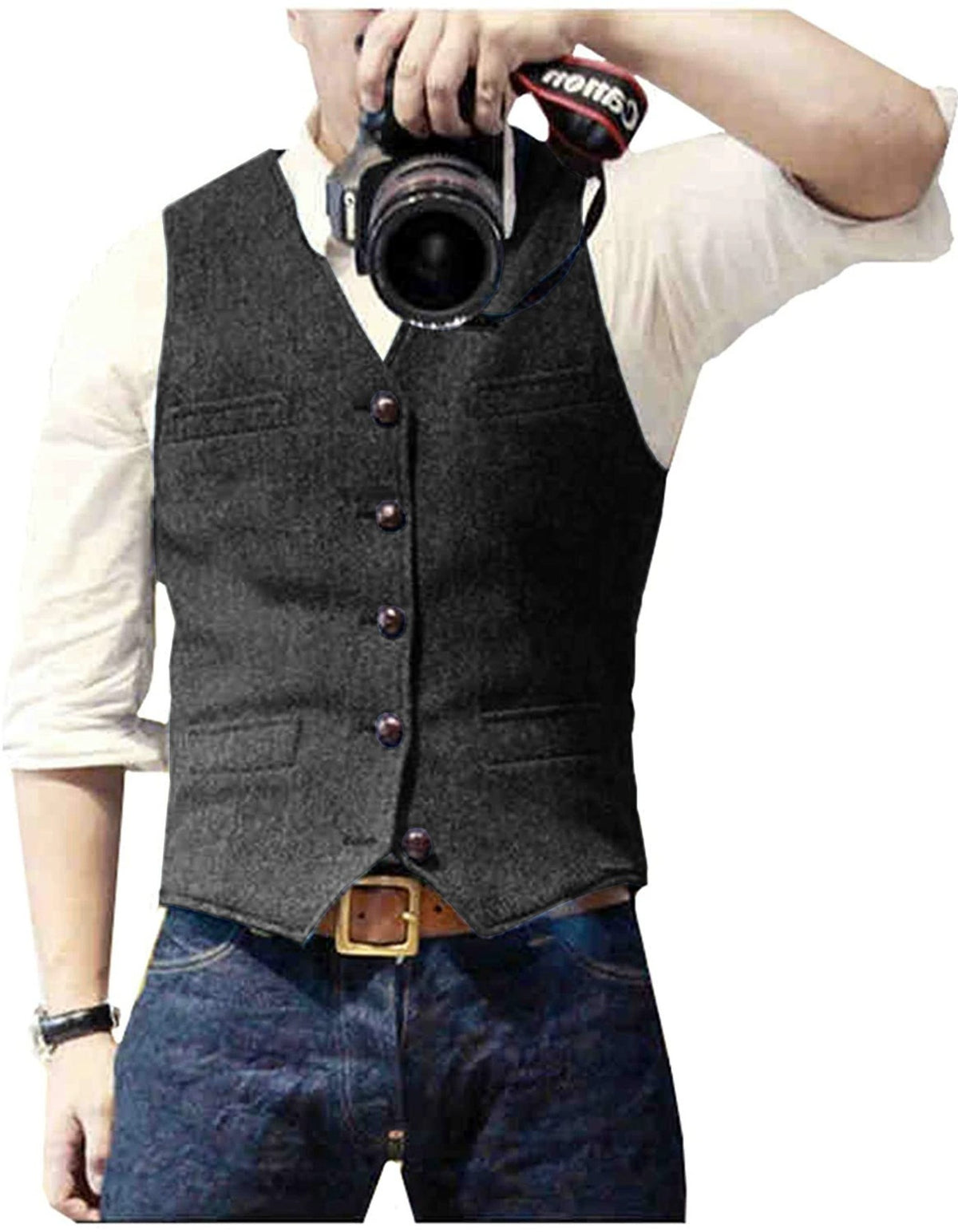 HerringLux vest men dark gray herringbone wool blend