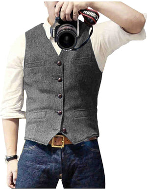 HerringLux vest men gray herringbone wool blend