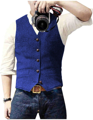 HerringLux vest men royal blue herringbone wool blend