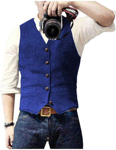 HerringLux vest men royal blue herringbone wool blend