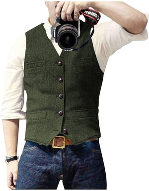 HerringLux vest men army green herringbone wool blend