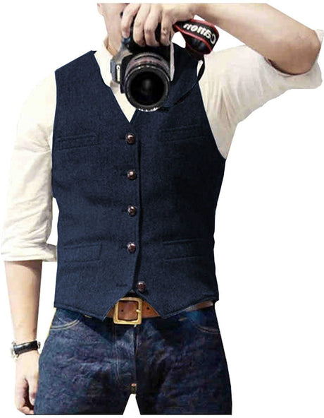 HerringLux vest men navy blue herringbone wool blend